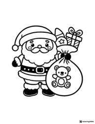 Santa Claus Coloring Page with Gift Sack and Teddy Bear Toy