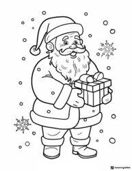 Santa Claus Coloring Page with Gift and Snowflakes
