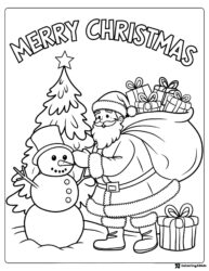Santa Claus Coloring Page with Snowman and Merry Greeting