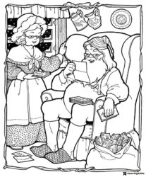 Santa Reading Letters Coloring Page with Mrs. Claus and Fireplace