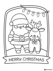 Santa and Reindeer Coloring Page with Lights and Banner