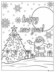 Santa and Tree Coloring Sheet with Presents and Snowflakes