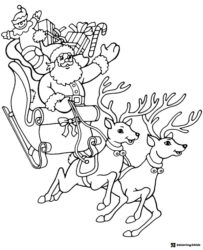 Santa in Sleigh Coloring Page with Reindeer and Gifts