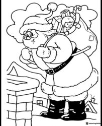 Santa with Gift Bag Coloring Page on Rooftop