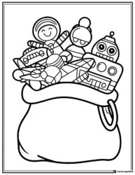Santas Toy Sack Coloring Sheet with Dolls Robot and Plane