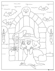 Scared Girl Witch Coloring Sheet with Spider and Stone Door