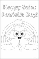 Shamrock Character Coloring Page with Glasses and Rainbow