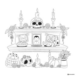 Simple Altar Coloring Page with Food Flowers and Portrait