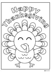 Simple Smiling Turkey Coloring Page with Happy Thanksgiving Text