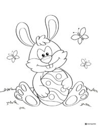 Sitting Bunny Coloring Page with Easter Egg and Butterflies