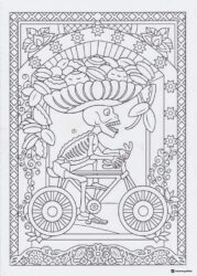 Skeleton Biker Coloring Page with Large Hat and Fruit Basket
