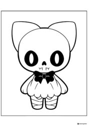 Skeleton Cat Coloring Page with Bow and Round Eyes