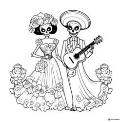 Skeleton Couple Coloring Page with Guitar and Flower Outfits