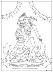 Skeleton Couple Dancing Coloring Page with Day of the Dead Banner