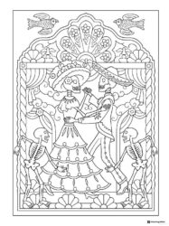 Skeleton Couple Dancing Coloring Page with Festive Frame