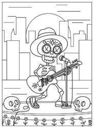 Skeleton Guitarist Coloring Page with Microphone and Skulls