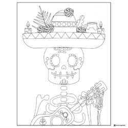 Skeleton Musician Coloring Page with Sombrero and Candles