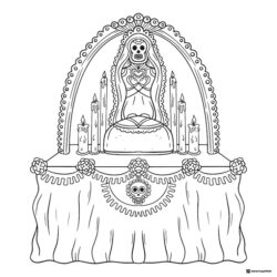 Skeleton Shrine Coloring Page with Candles and Heart Symbols