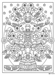 Skeleton Tree Coloring Page with Skulls Flowers and Stars