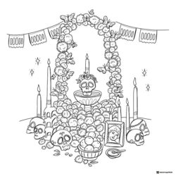 Skull Garland Altar Coloring Page with Butterflies and Candles