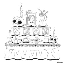 Small Altar Coloring Page with Skull Portrait and Candles