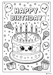 Smiling Birthday Cake Coloring Page with Candles and Balloons
