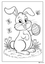 Smiling Bunny Coloring Page Holding Easter Egg with Butterflies