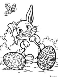 Smiling Bunny Coloring Page with Patterned Easter Eggs