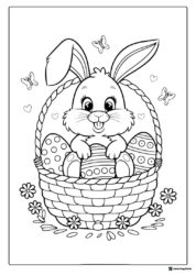 Smiling Bunny in Basket Coloring Page with Patterned Eggs