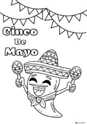 Smiling Chili Pepper Coloring Page with Sombrero and Maracas