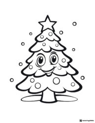 Smiling Christmas Tree Coloring Page with Falling Snow