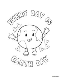Smiling Earth Character Coloring Page with Hearts and Text