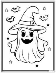 Smiling Ghost Coloring Page with Witch Hat and Flying Bats