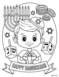 Smiling Girl Hanukkah Coloring Page with Menorah and Food