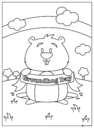 Smiling Groundhog Coloring Page Holding a Holiday Banner