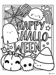 Smiling Halloween Characters Coloring Sheet with Web and Stars