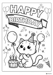Smiling Kitten Coloring Sheet with Cake and Party Balloons
