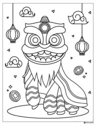 Smiling Lion Dance Coloring Sheet with Lanterns and Decorations
