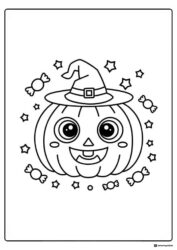 Smiling Pumpkin Coloring Page with Witch Hat and Candy