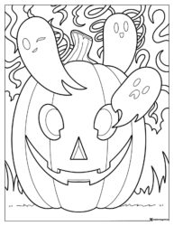 Smiling Pumpkin Coloring Sheet with Floating Ghosts and Swirls