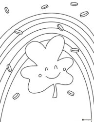 Smiling Shamrock Coloring Page with Rainbow and Gold Coins