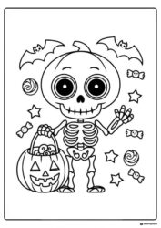 Smiling Skeleton Coloring Page with Pumpkin and Candy