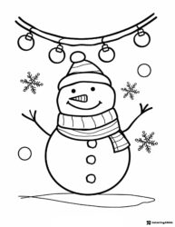 Smiling Snowman Coloring Page with Lights and Snowflakes