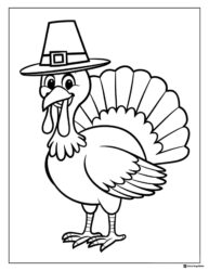 Smiling Turkey Coloring Page with Pilgrim Hat and Feathers