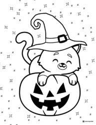 Smiling Witch Cat Coloring Page with Pumpkin and Stars