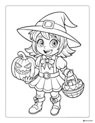 Smiling Witch Girl Coloring Page with Pumpkin and Candy Basket
