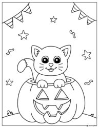 Smiling Witch Kid Coloring Page Surrounded by Pumpkins