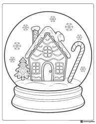Snow Globe Coloring Page with Candy Cane and Gingerbread House
