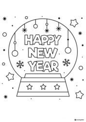 Snow Globe Happy New Year Coloring Page with Stars and Ornaments
