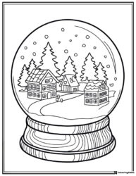 Snow Globe Village Coloring Page with Houses Trees and Falling Snow